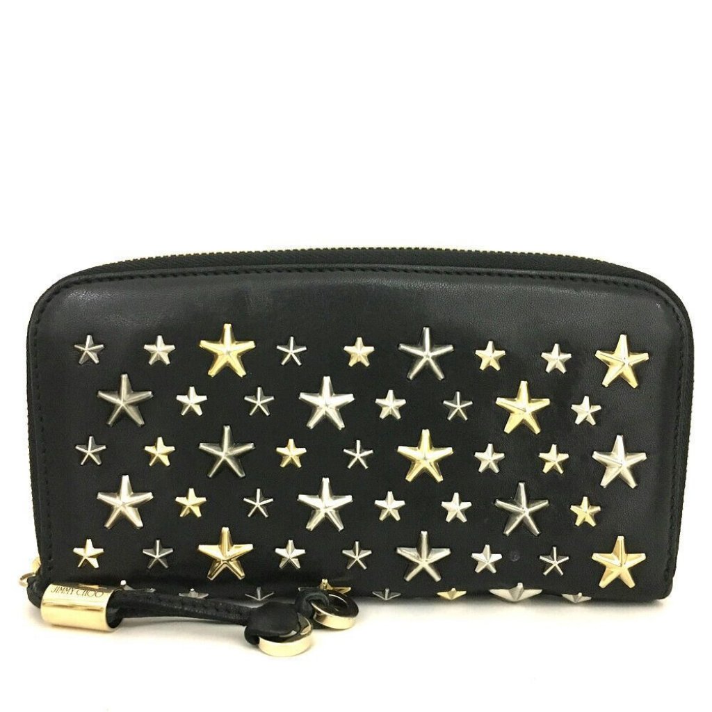 484200j Jimmy Choo Wallet Long Filipa Star Studded Black Leather